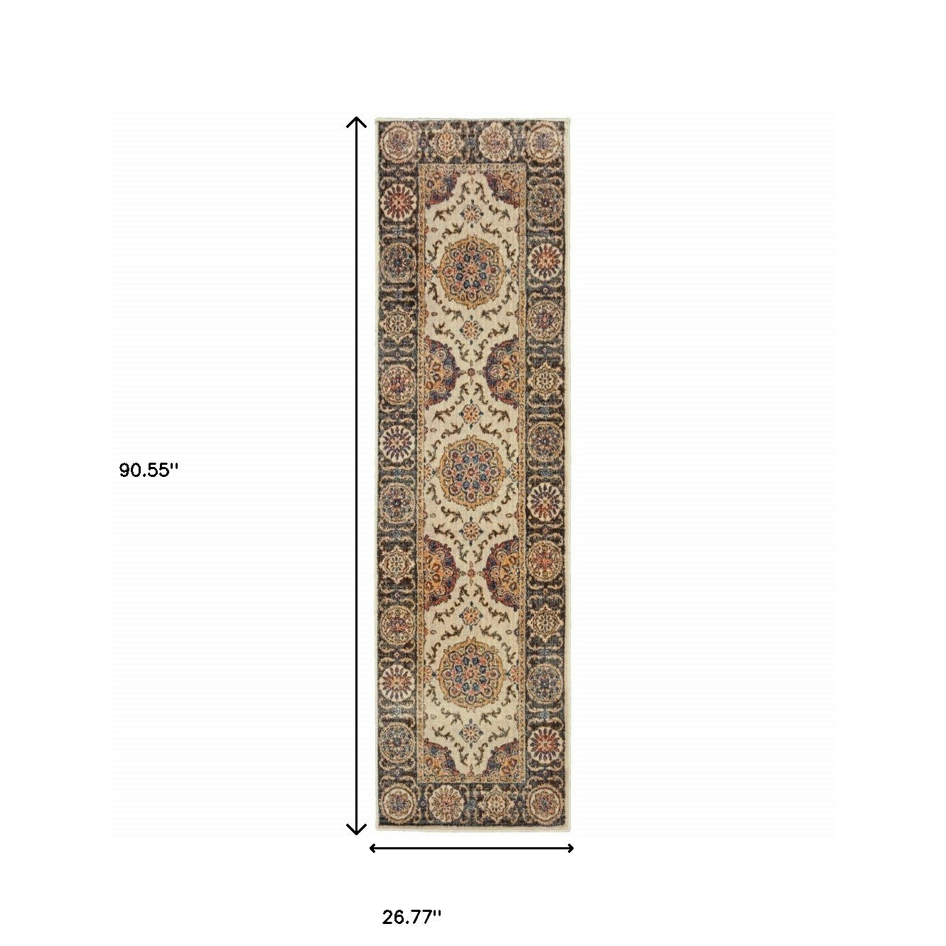 2' X 8' Ivory And Brown Oriental Power Loom Stain Resistant Runner Rug