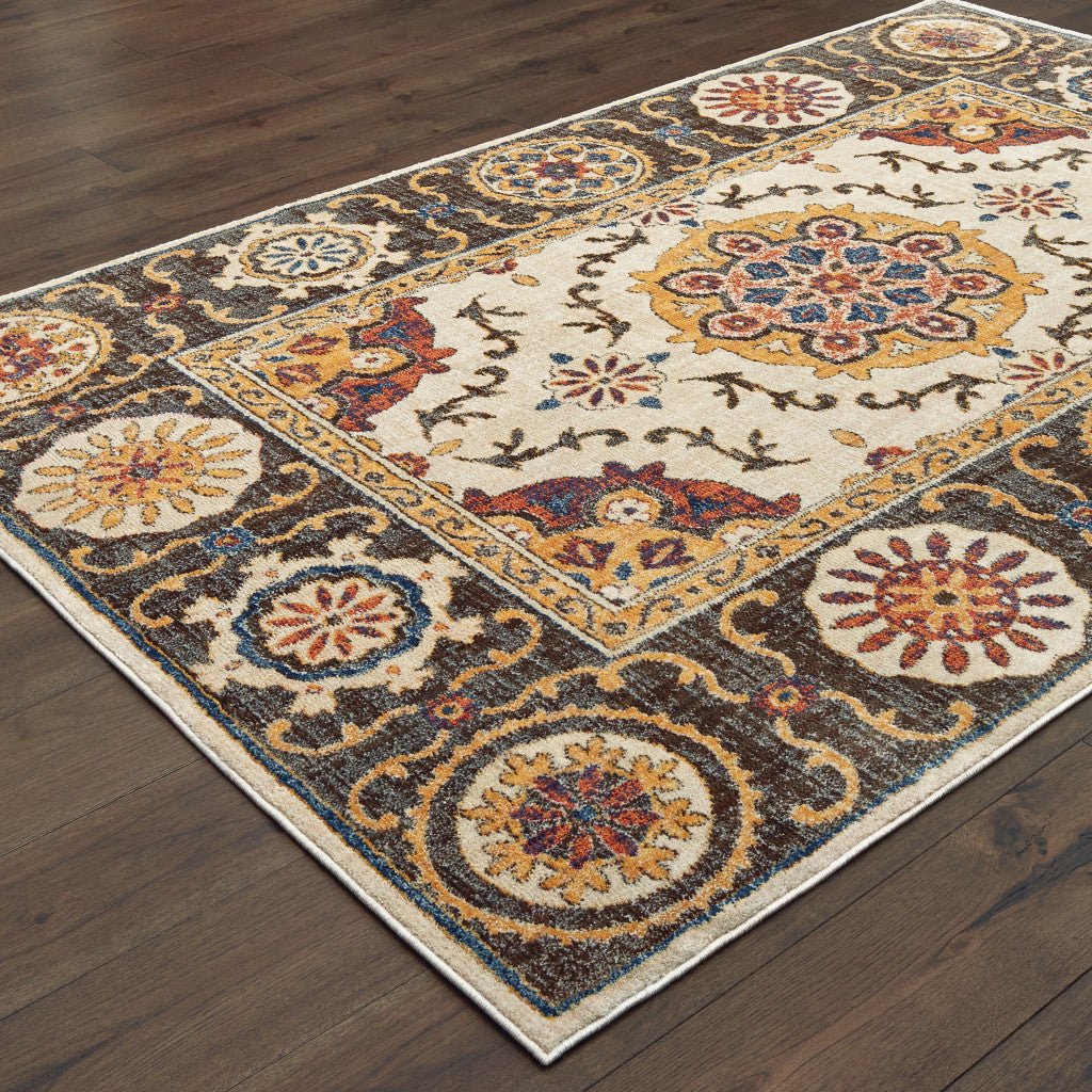 6' X 9' Ivory And Brown Oriental Power Loom Stain Resistant Area Rug