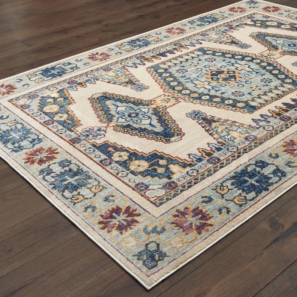 4' X 6' Ivory And Blue Oriental Power Loom Stain Resistant Area Rug