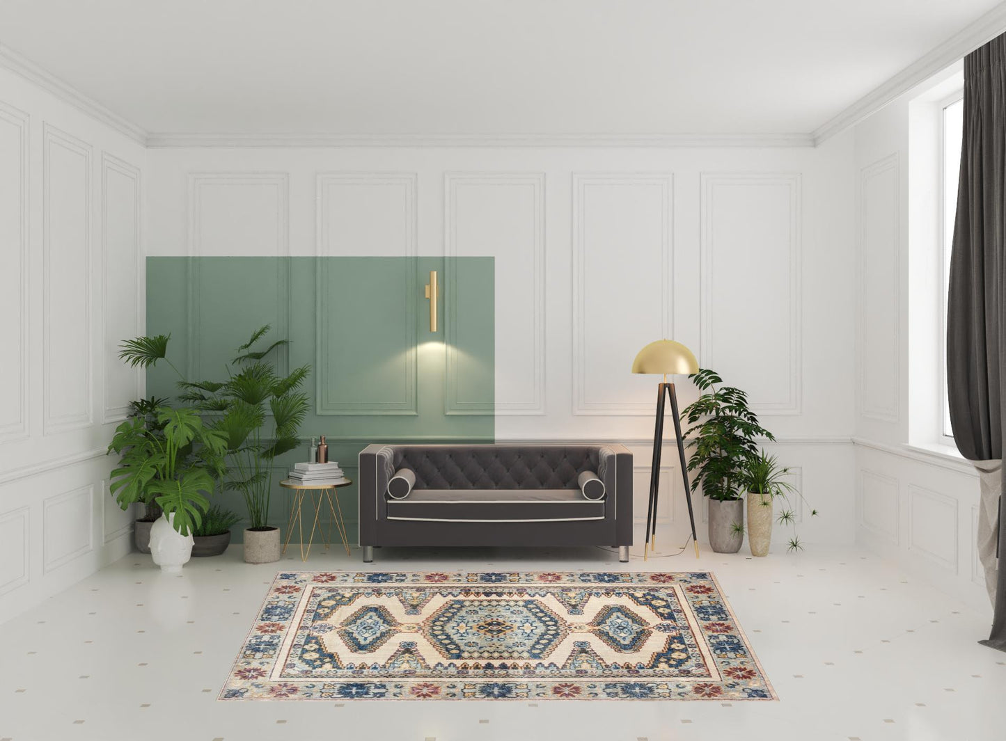 6' X 9' Ivory And Blue Oriental Power Loom Stain Resistant Area Rug