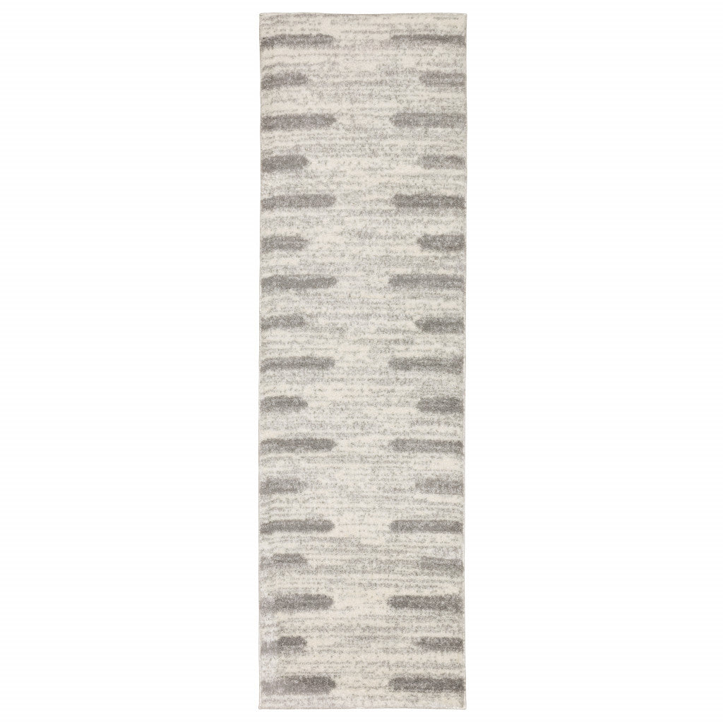 2' X 8' Ivory And Grey Geometric Shag Power Loom Stain Resistant Runner Rug
