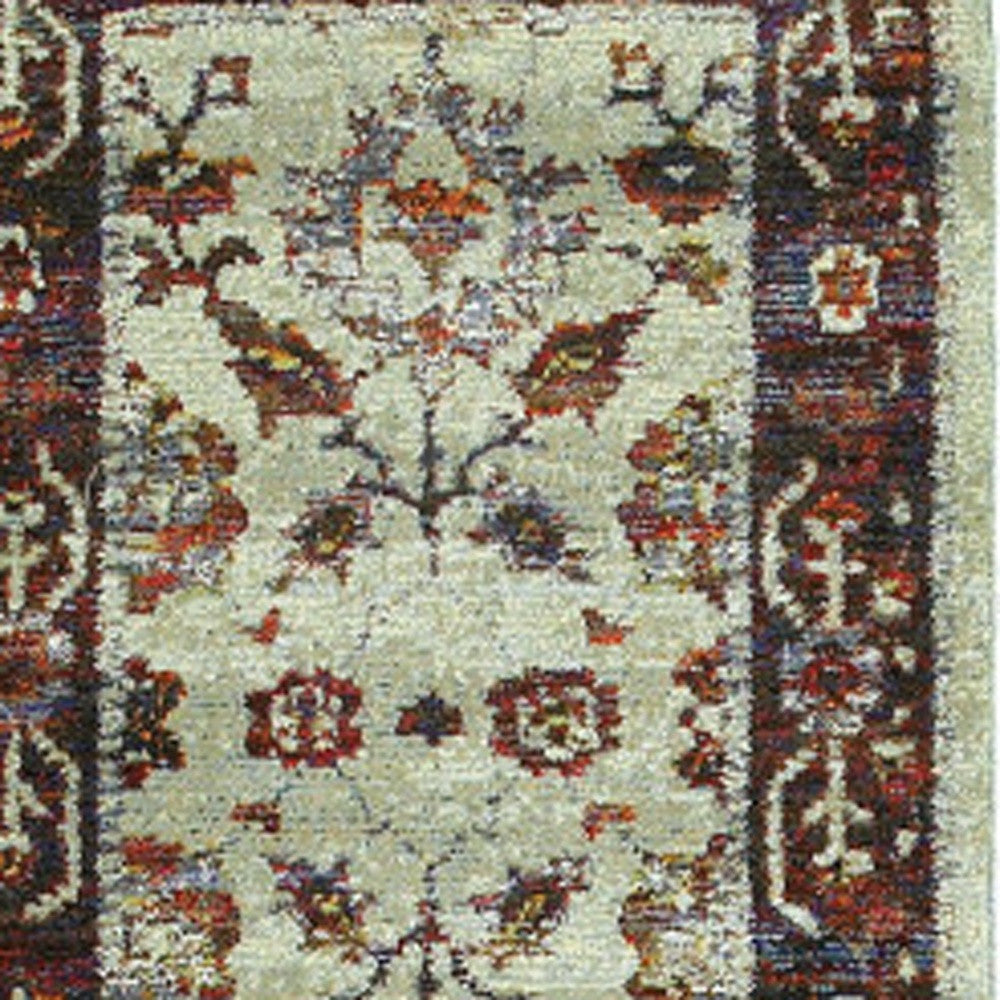 2' X 8' Stone And Red Oriental Power Loom Stain Resistant Runner Rug