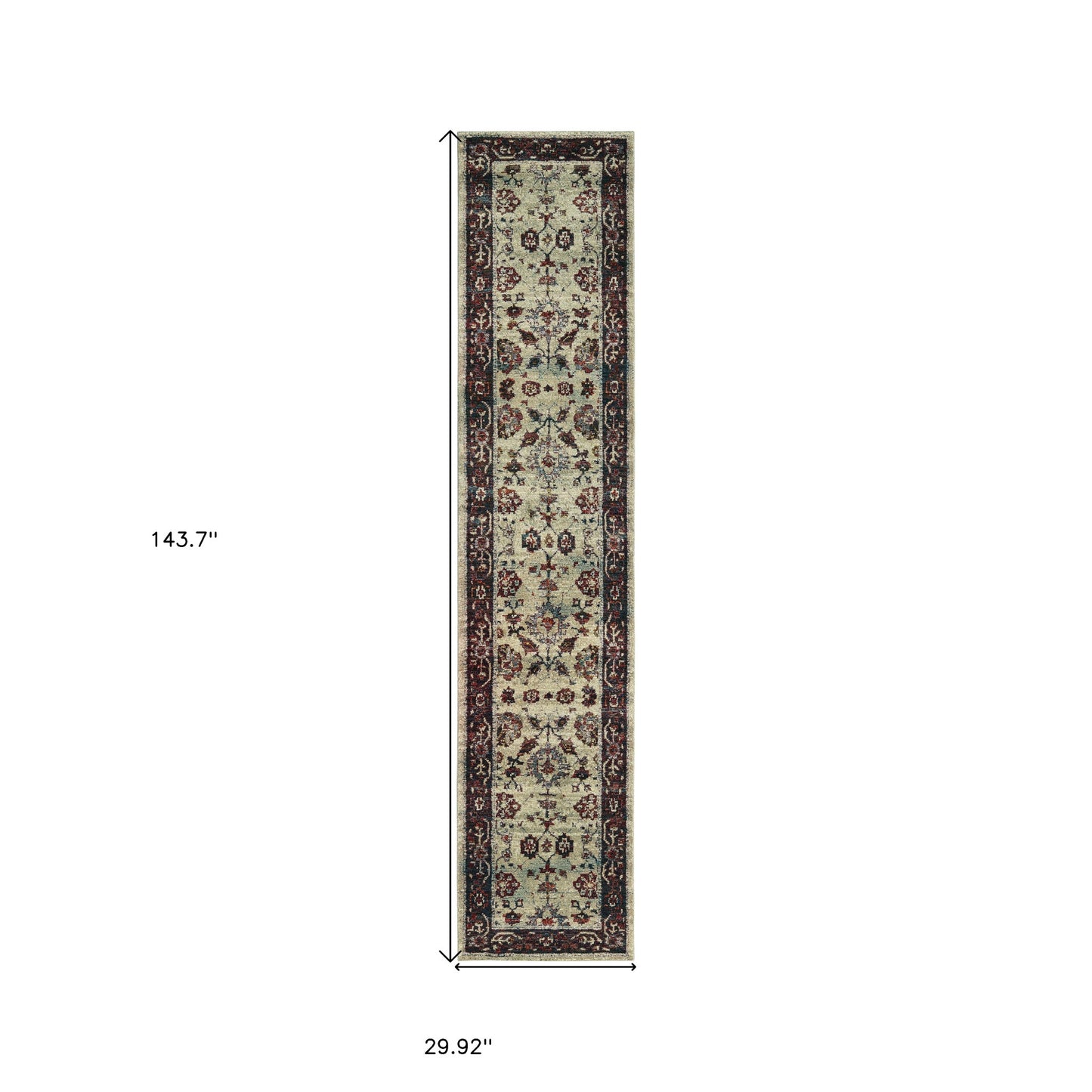 2' X 10' Stone And Red Oriental Power Loom Stain Resistant Runner Rug