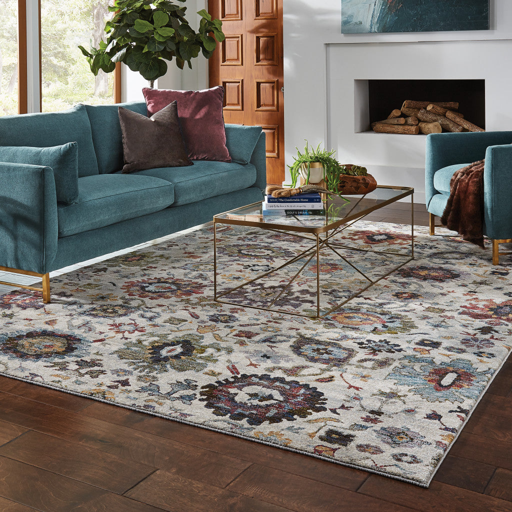 10' X 13' Stone Grey Purple Green Gold And Teal Oriental Power Loom Stain Resistant Area Rug