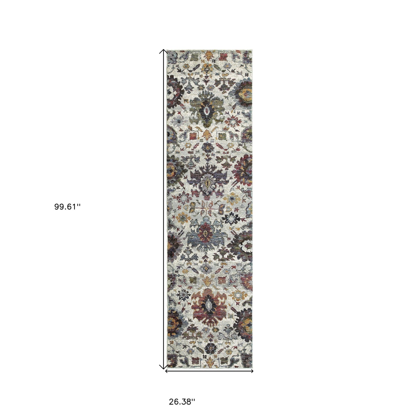 2' X 8' Stone Grey Purple Green Gold And Teal Oriental Power Loom Stain Resistant Runner Rug