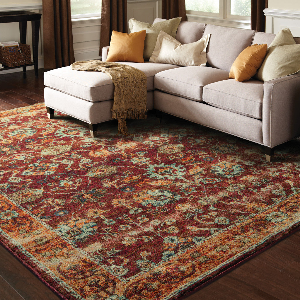 10' X 13' Red Gold And Green Oriental Power Loom Stain Resistant Area Rug