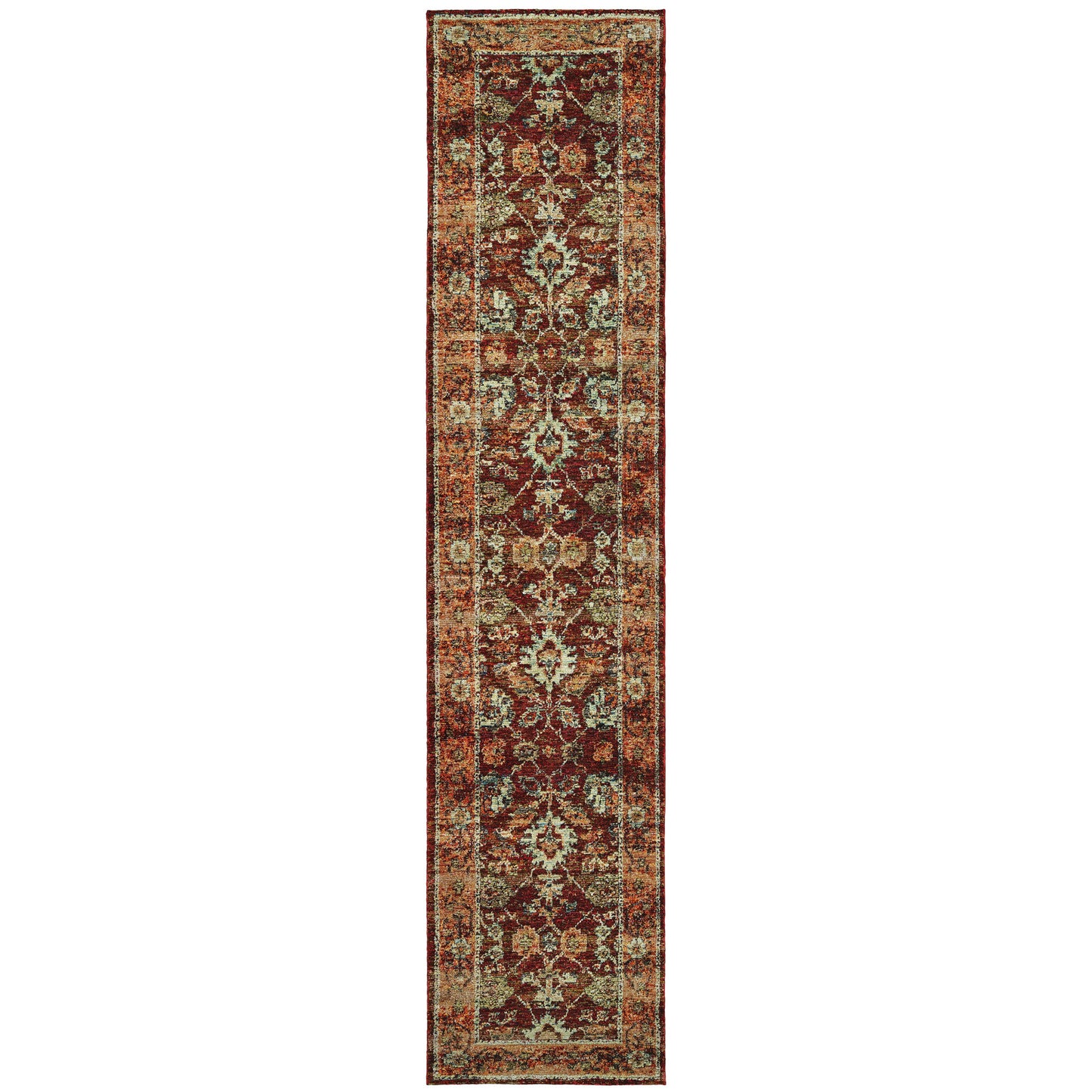 2' X 10' Red Gold And Green Oriental Power Loom Stain Resistant Runner Rug