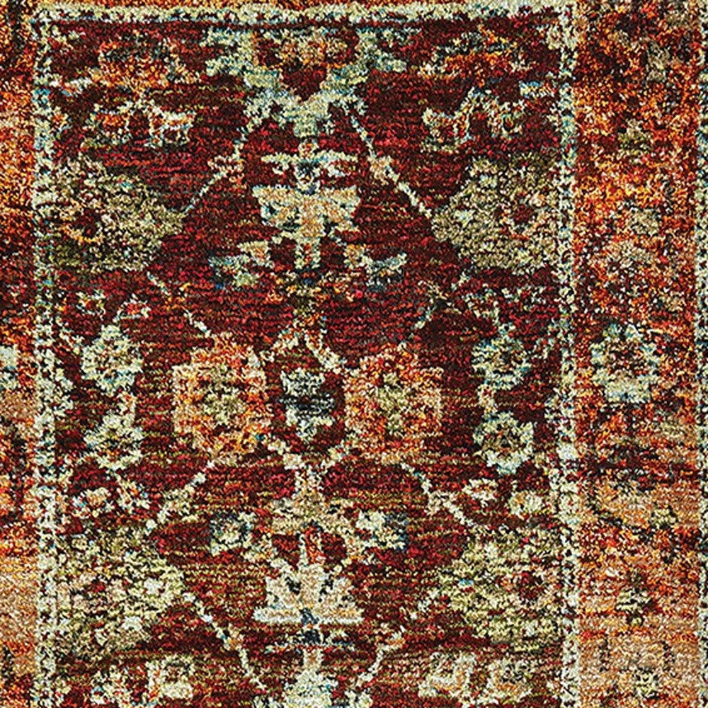 2' X 10' Red Gold And Green Oriental Power Loom Stain Resistant Runner Rug