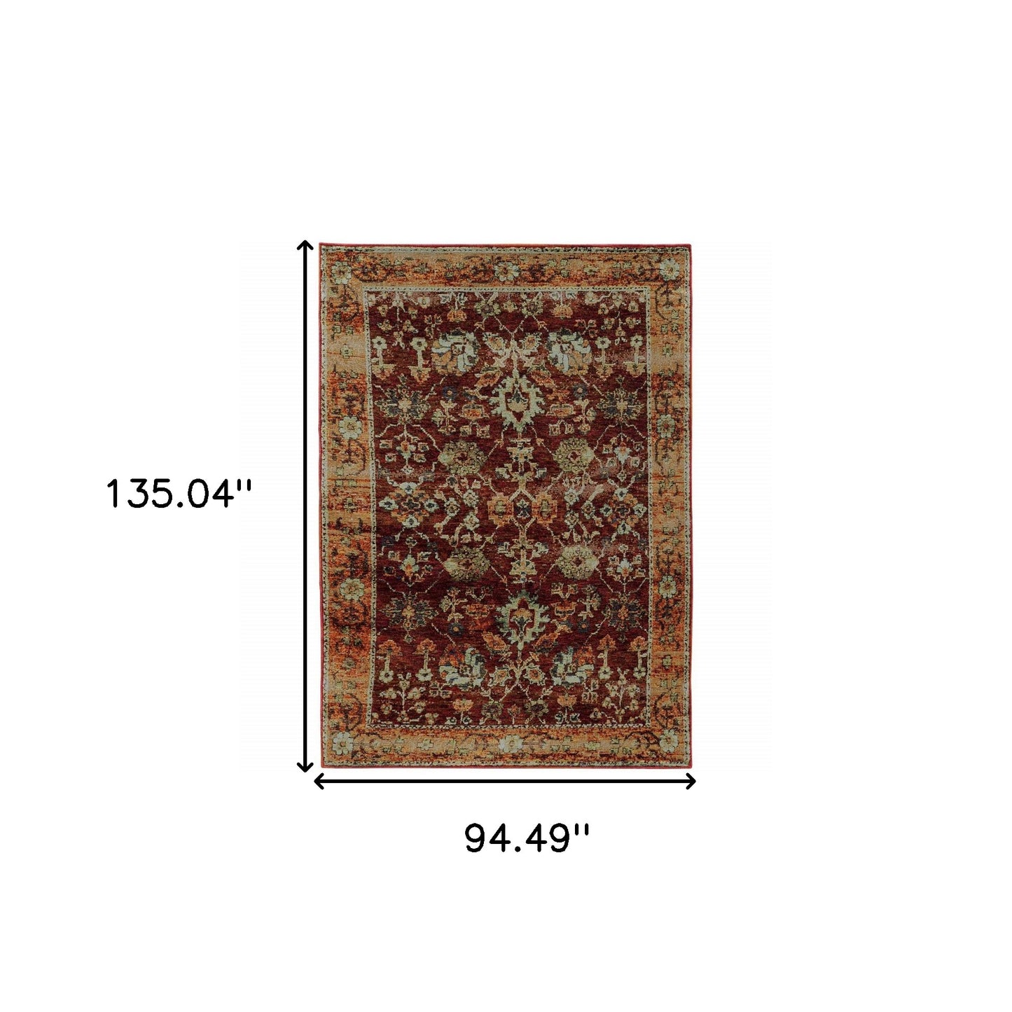 8' X 10' Red Gold And Green Oriental Power Loom Stain Resistant Area Rug