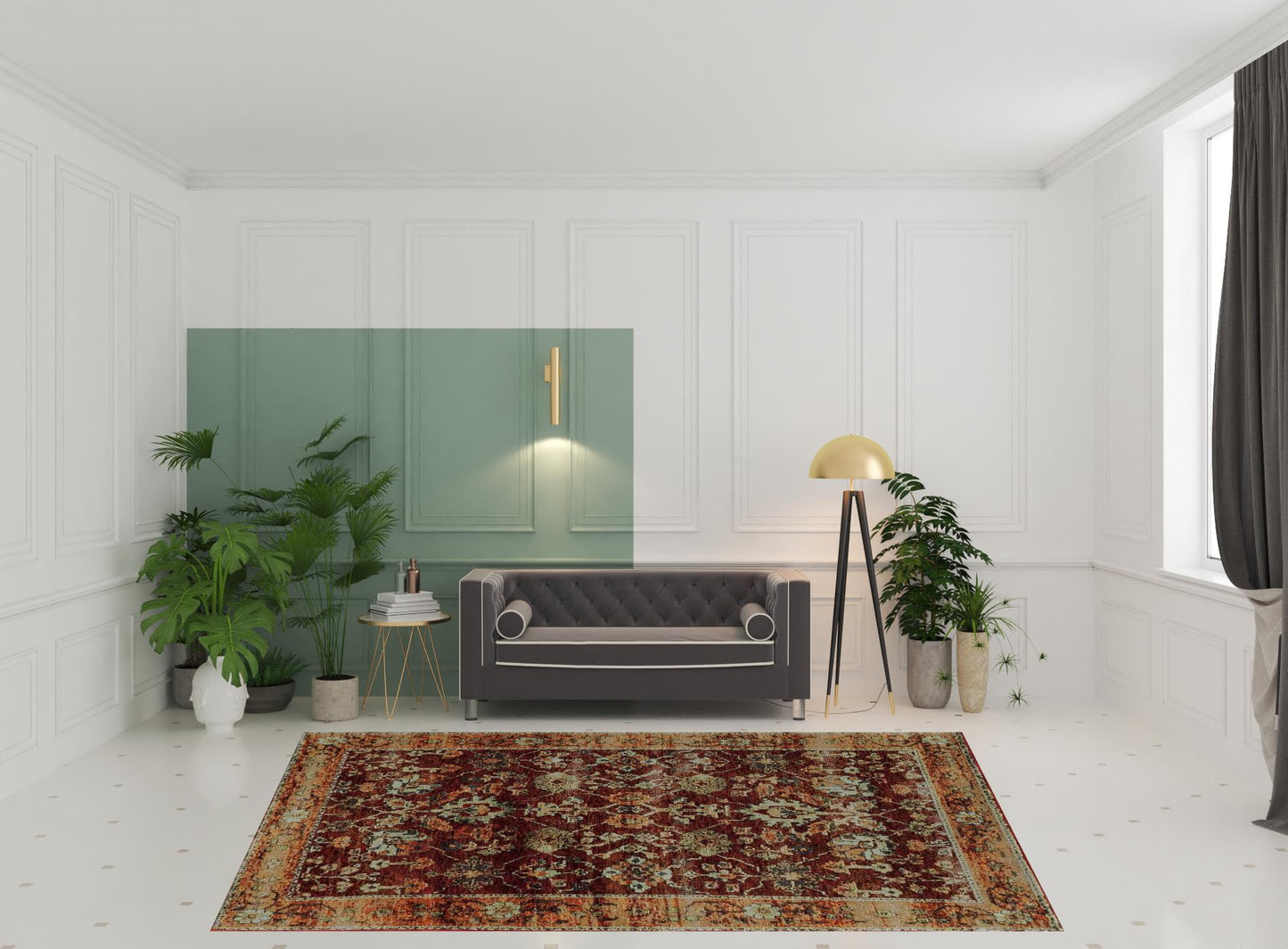 8' X 10' Red Gold And Green Oriental Power Loom Stain Resistant Area Rug