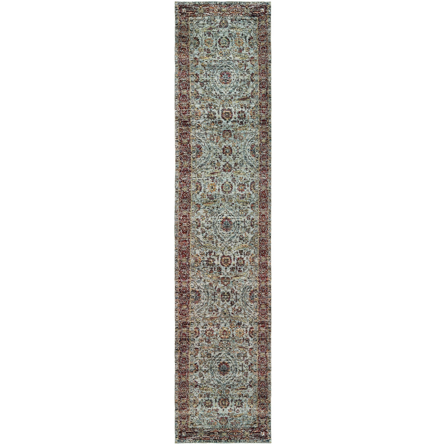 2' X 10' Blue Red Green And Gold Oriental Power Loom Stain Resistant Runner Rug