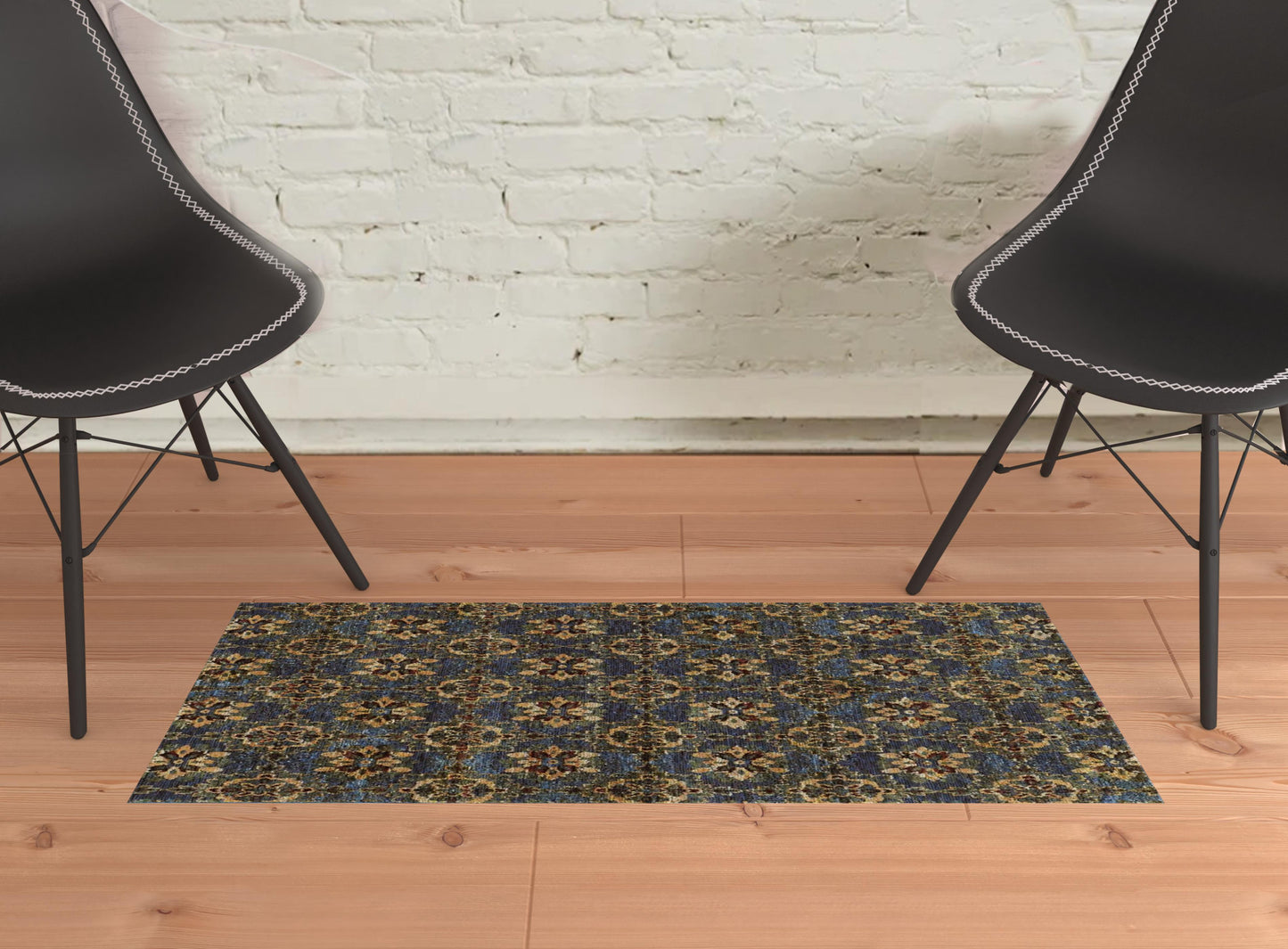 2' X 3' Blue And Gold Oriental Power Loom Stain Resistant Area Rug