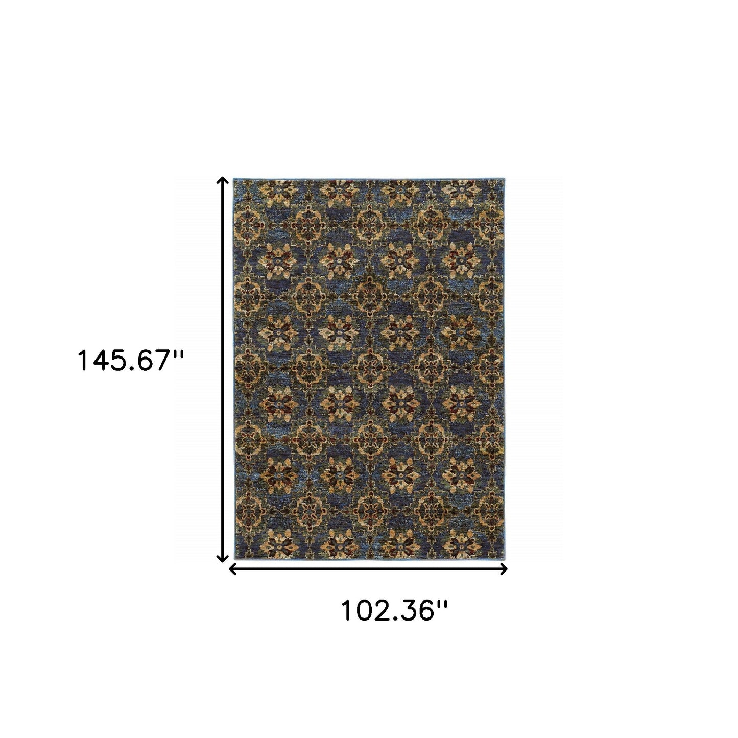 9' X 12' Blue And Gold Oriental Power Loom Stain Resistant Area Rug