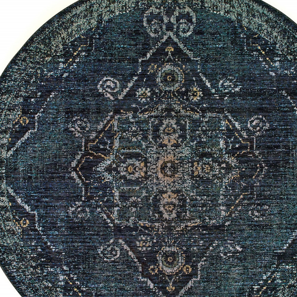8' Blue And Brown Round Oriental Power Loom Stain Resistant Area Rug