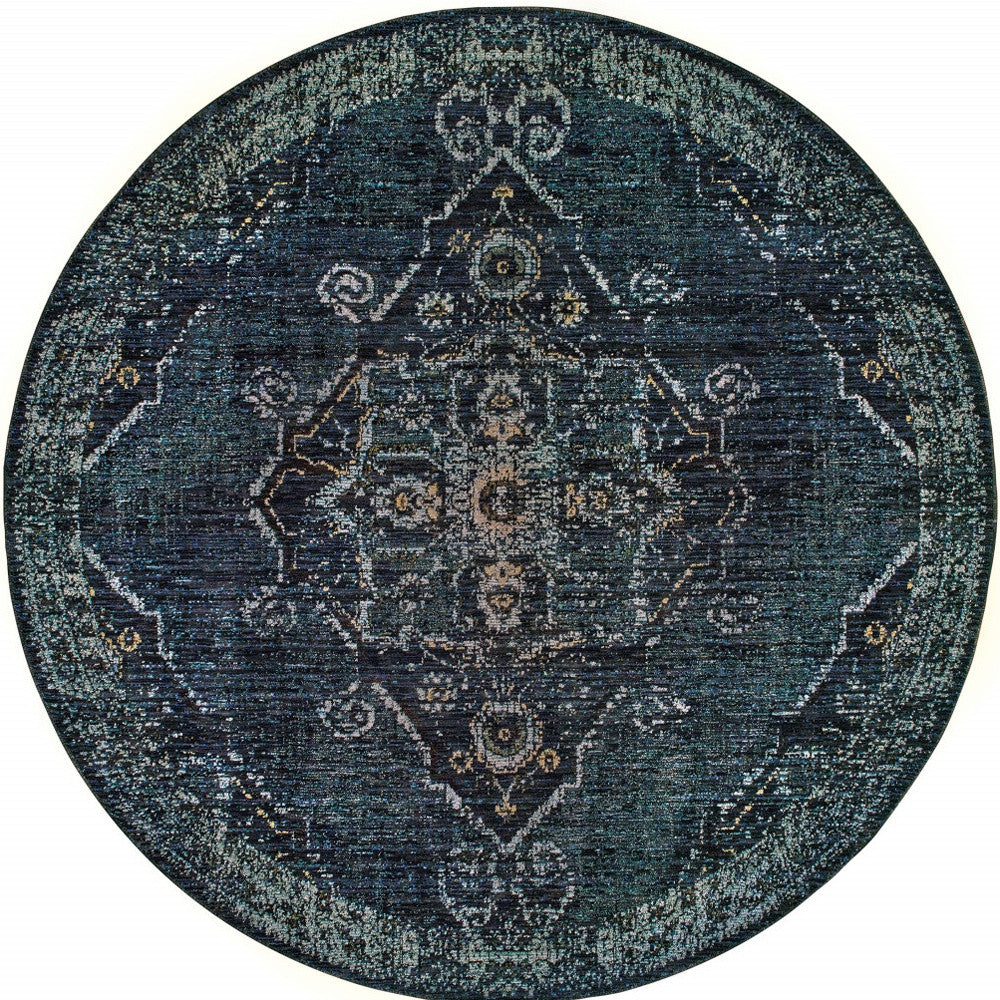 8' Blue And Brown Round Oriental Power Loom Stain Resistant Area Rug