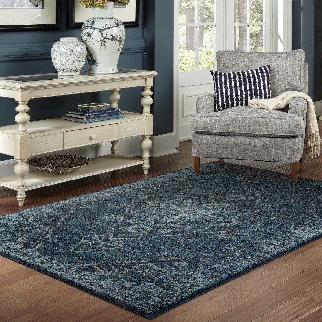 9' X 12' Blue And Brown Oriental Power Loom Stain Resistant Area Rug