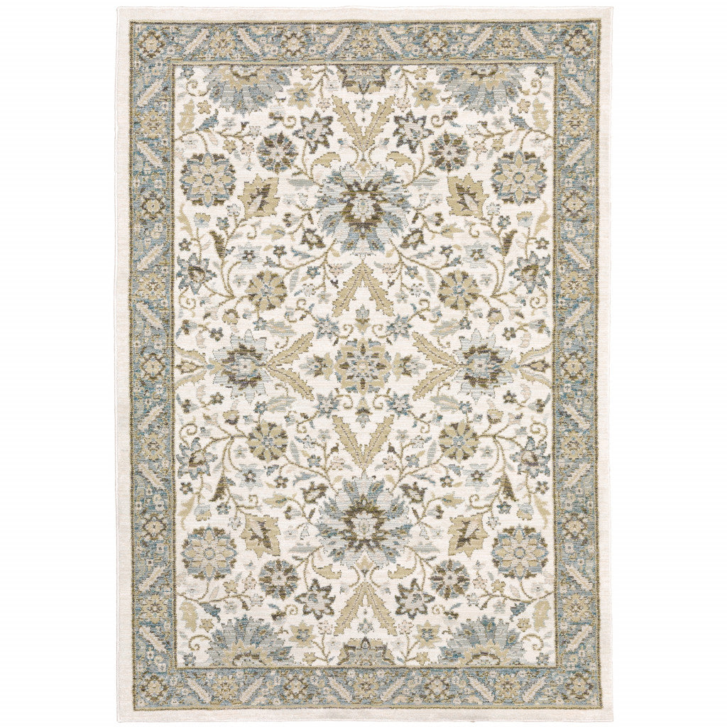 10' X 13' Stone Grey Ivory Green Brown Teal And Light Blue Oriental Power Loom Stain Resistant Area Rug