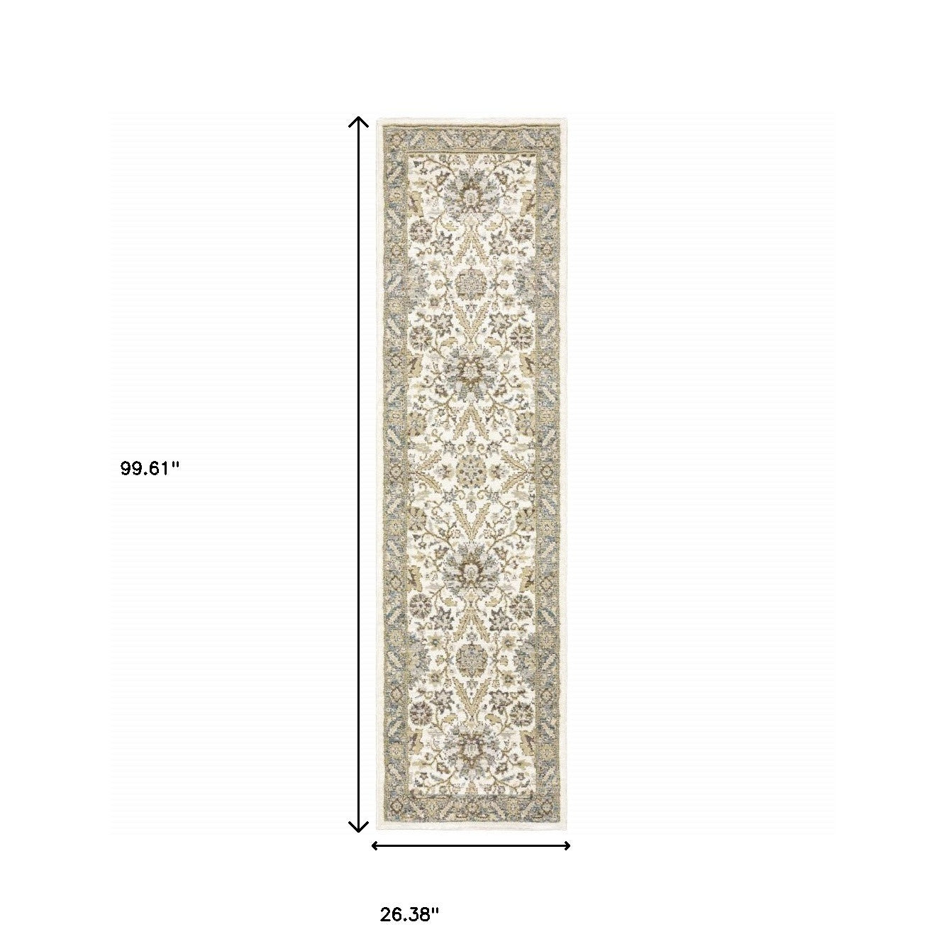 2' X 8' Stone Grey Ivory Green Brown Teal And Light Blue Oriental Power Loom Stain Resistant Runner Rug