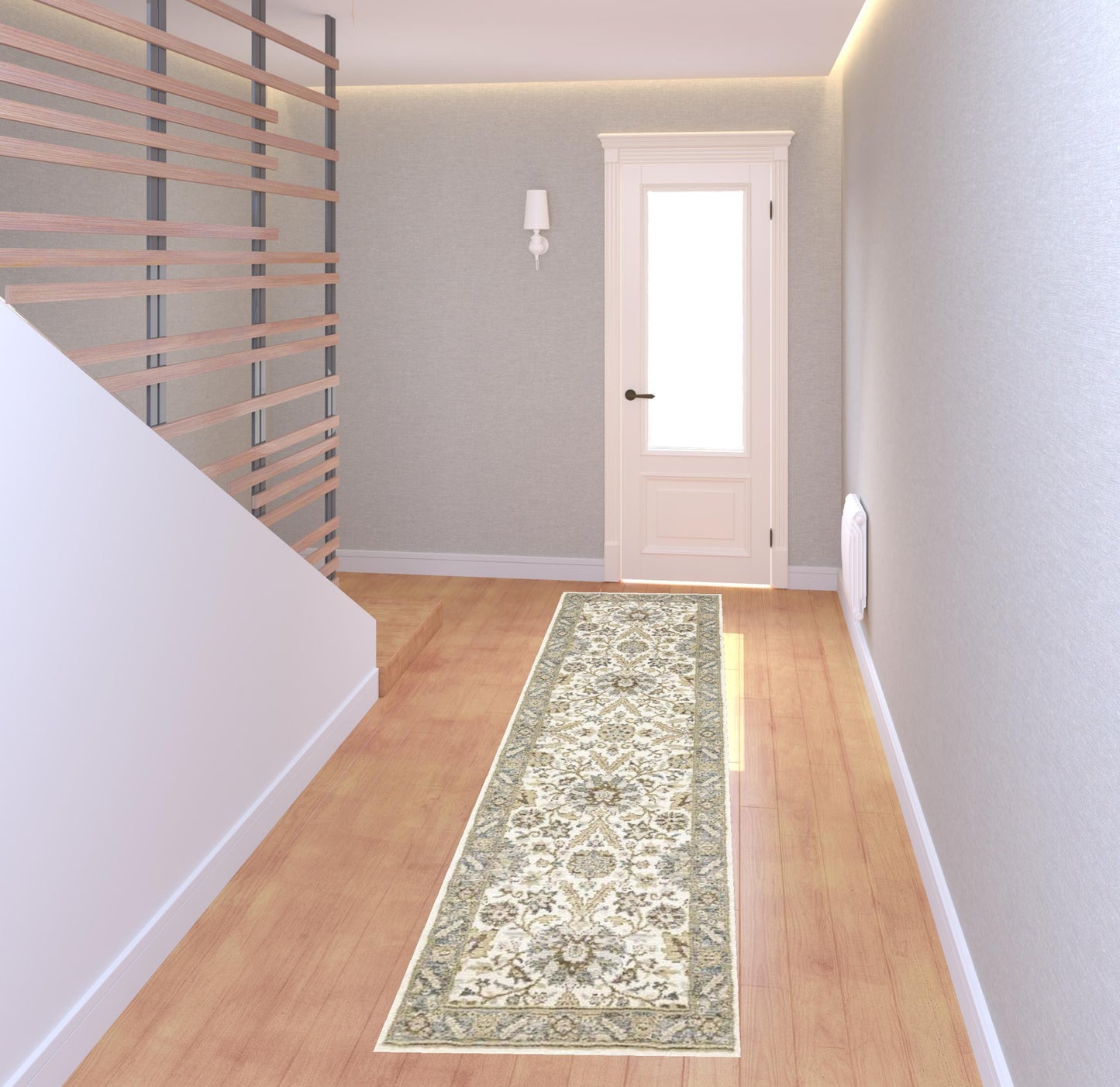 2' X 8' Stone Grey Ivory Green Brown Teal And Light Blue Oriental Power Loom Stain Resistant Runner Rug