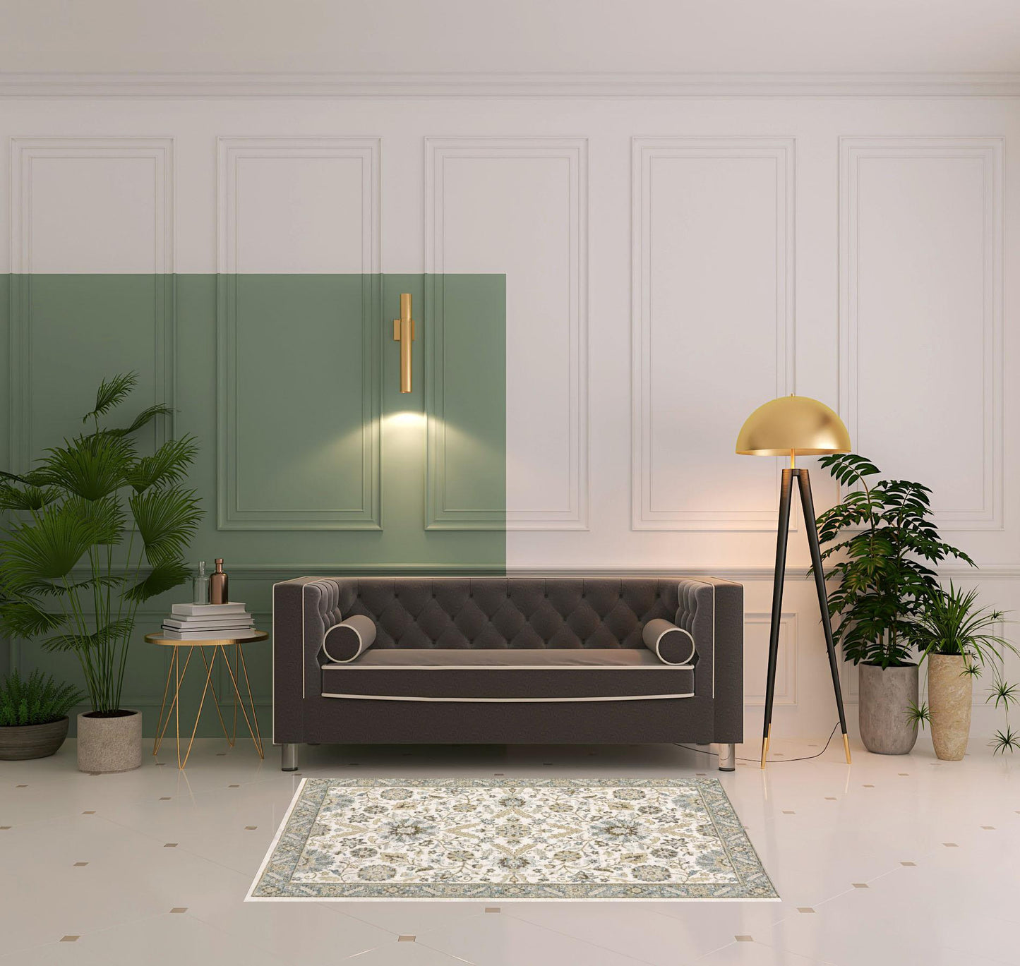 3' X 5' Stone Grey Ivory Green Brown Teal And Light Blue Oriental Power Loom Stain Resistant Area Rug