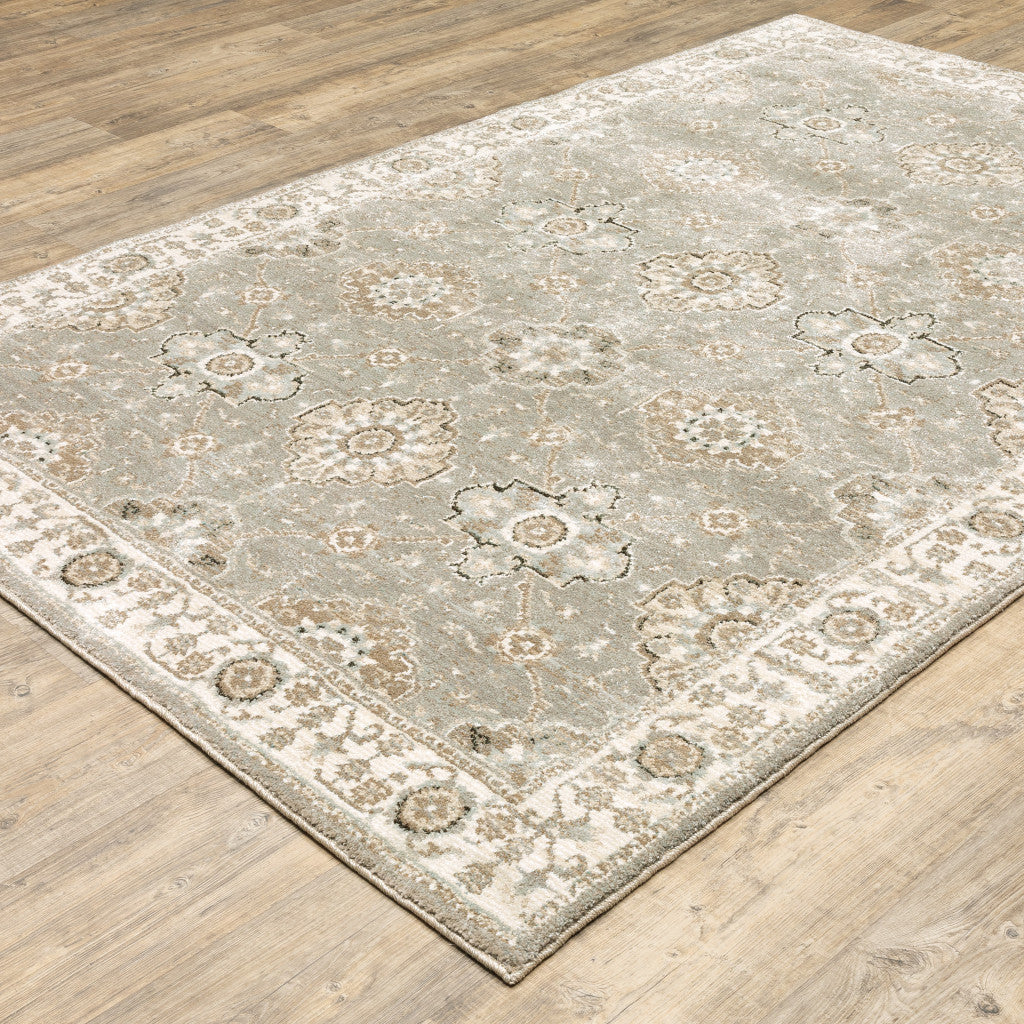 10' X 13' Grey Ivory Tan Brown And Gold Oriental Power Loom Stain Resistant Area Rug