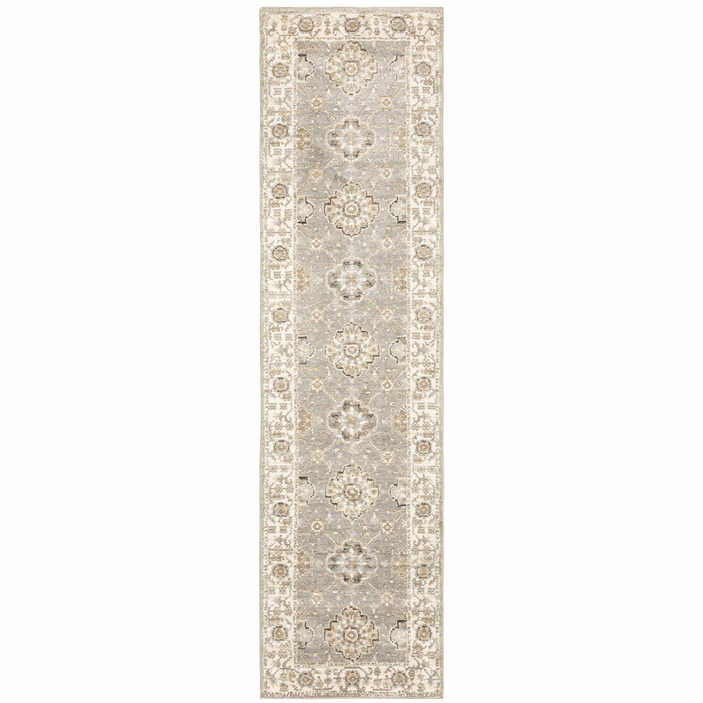 2' X 8' Grey Ivory Tan Brown And Gold Oriental Power Loom Stain Resistant Runner Rug