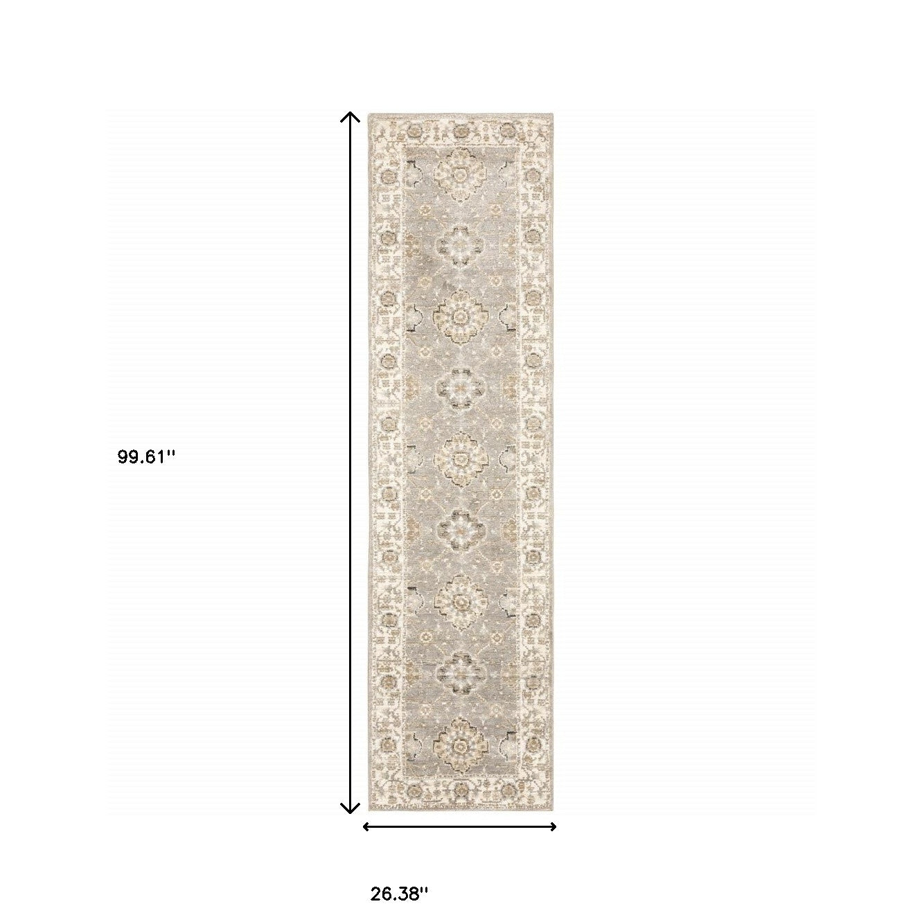 2' X 8' Grey Ivory Tan Brown And Gold Oriental Power Loom Stain Resistant Runner Rug
