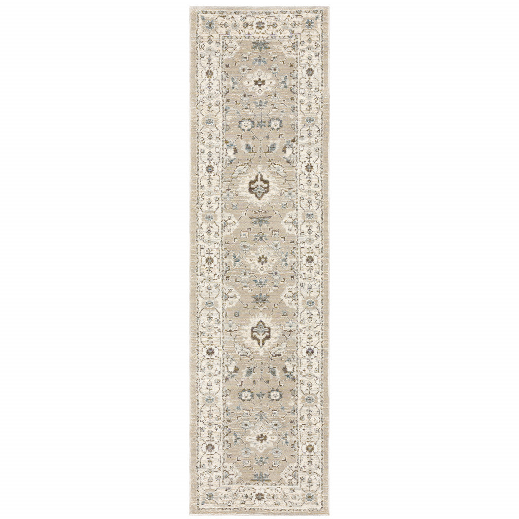 2' X 8' Beige And Ivory Oriental Power Loom Stain Resistant Runner Rug
