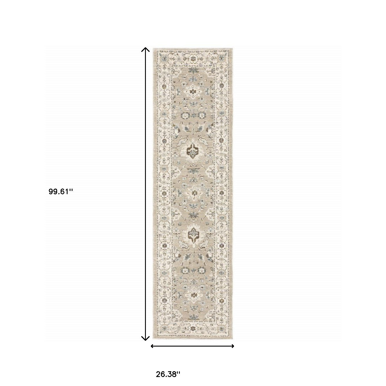 2' X 8' Beige And Ivory Oriental Power Loom Stain Resistant Runner Rug