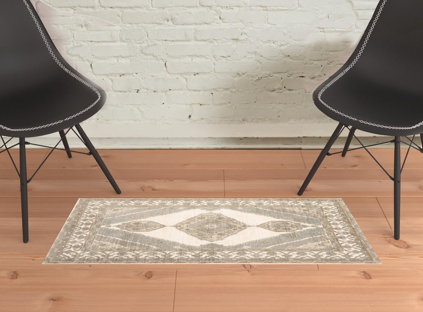 2' X 3' Beige And Ivory Oriental Power Loom Stain Resistant Area Rug
