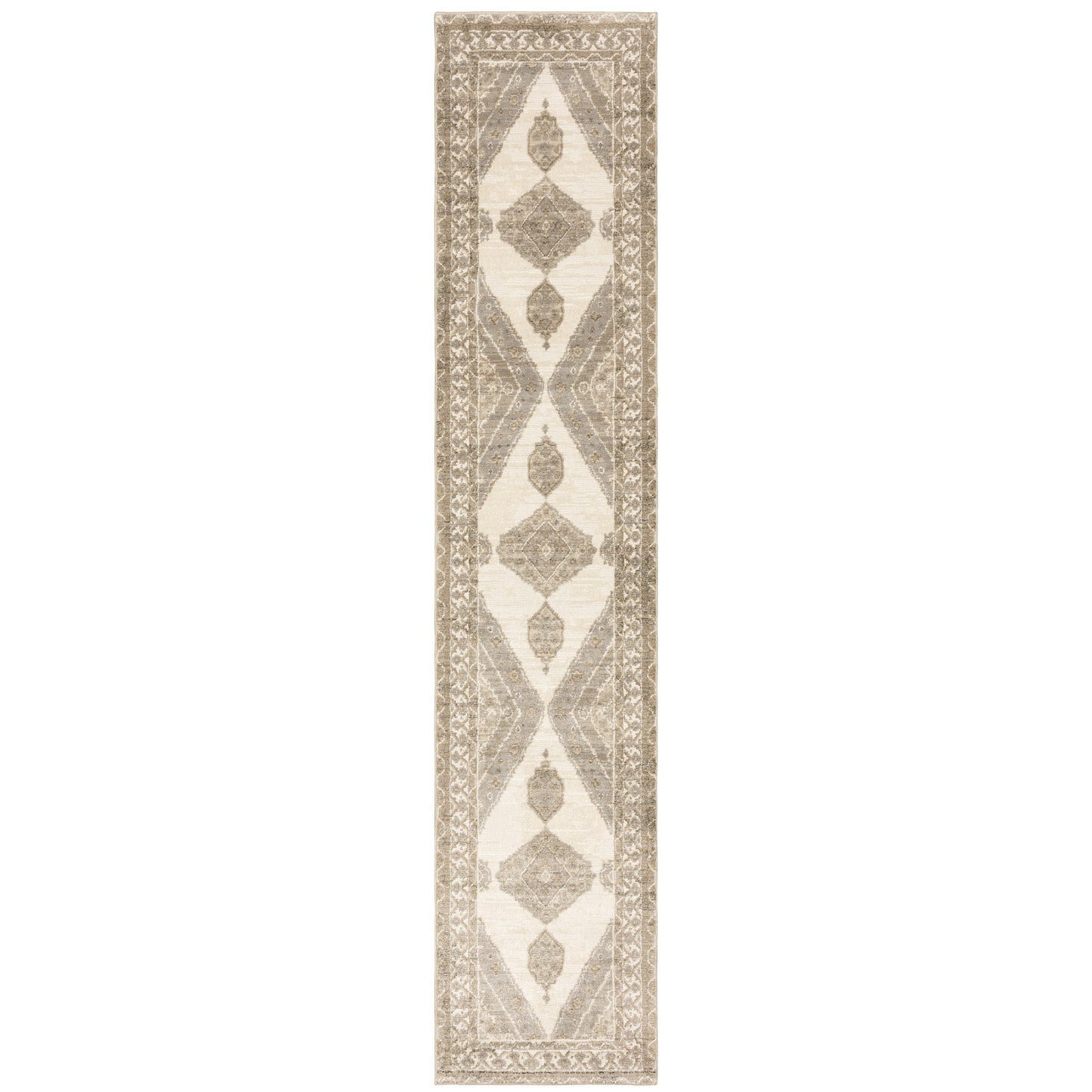 2' X 10' Beige And Ivory Oriental Power Loom Stain Resistant Runner Rug