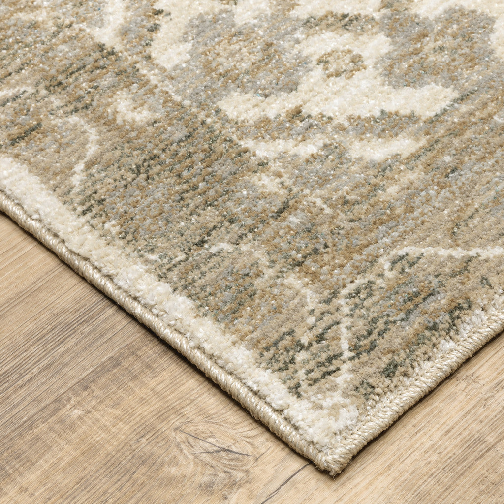 2' X 10' Beige And Ivory Oriental Power Loom Stain Resistant Runner Rug