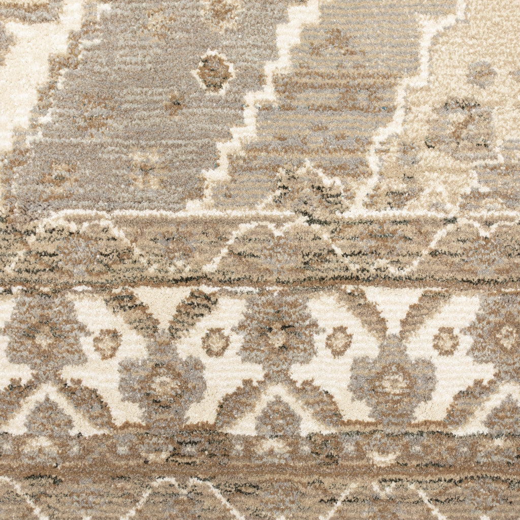 2' X 10' Beige And Ivory Oriental Power Loom Stain Resistant Runner Rug