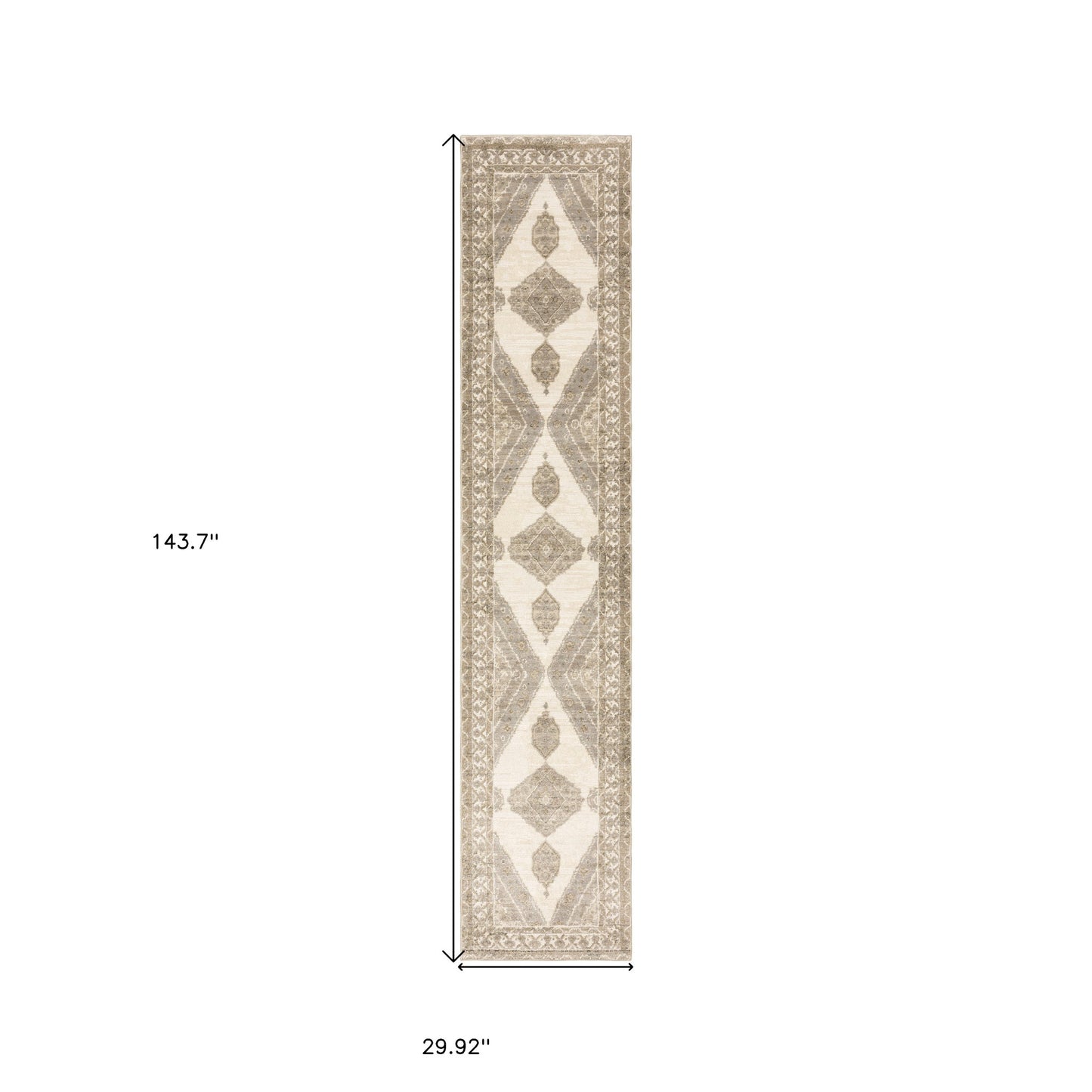 2' X 10' Beige And Ivory Oriental Power Loom Stain Resistant Runner Rug