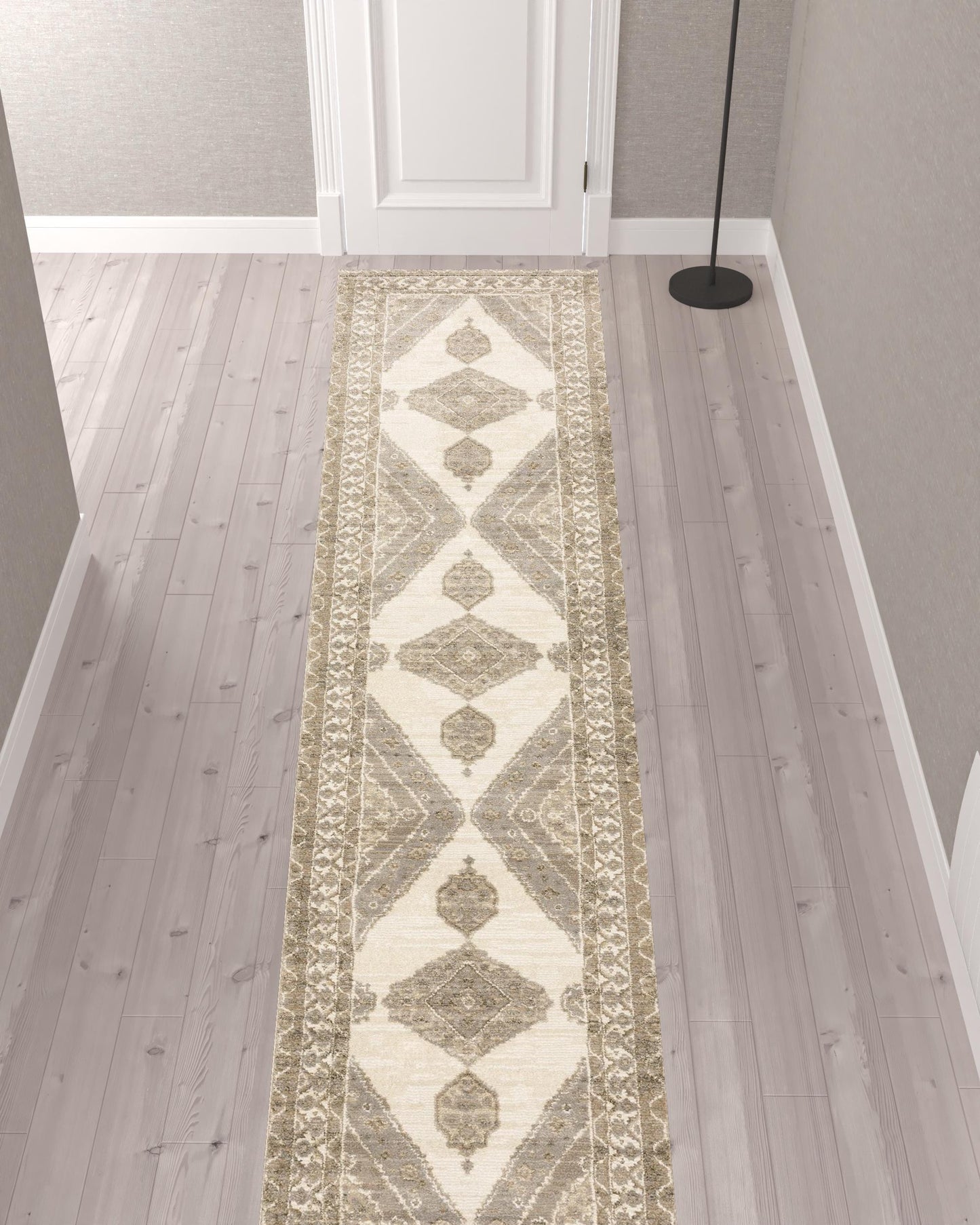 2' X 10' Beige And Ivory Oriental Power Loom Stain Resistant Runner Rug