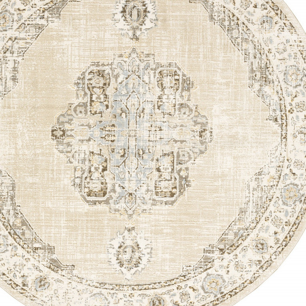 8' Beige And Ivory Round Oriental Power Loom Stain Resistant Area Rug