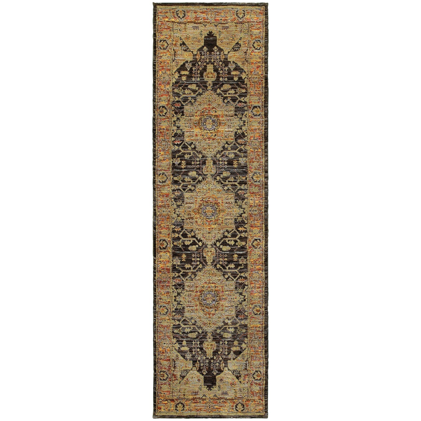 2' X 8' Gold Brown Grey Rust Green And Purple Oriental Power Loom Stain Resistant Runner Rug