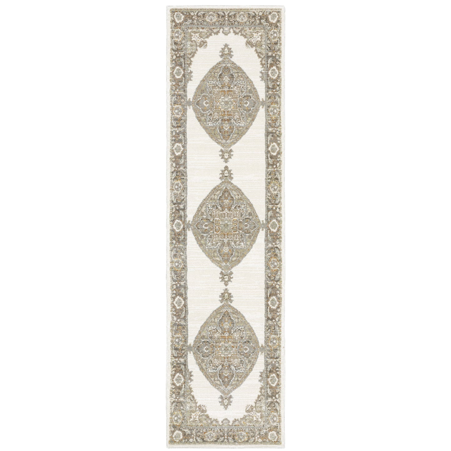 2' X 8' Beige Ivory Tan Gold Grey And Green Oriental Power Loom Stain Resistant Runner Rug