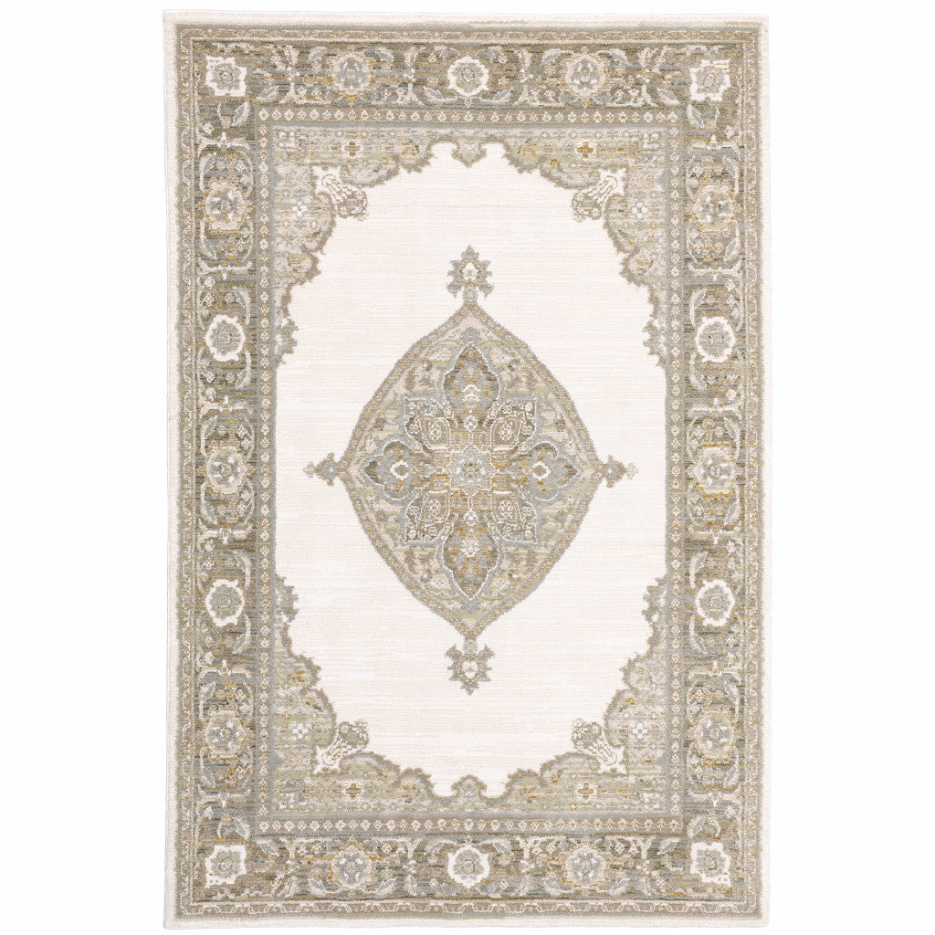 6' X 9' Beige Ivory Tan Gold Grey And Green Oriental Power Loom Stain Resistant Area Rug