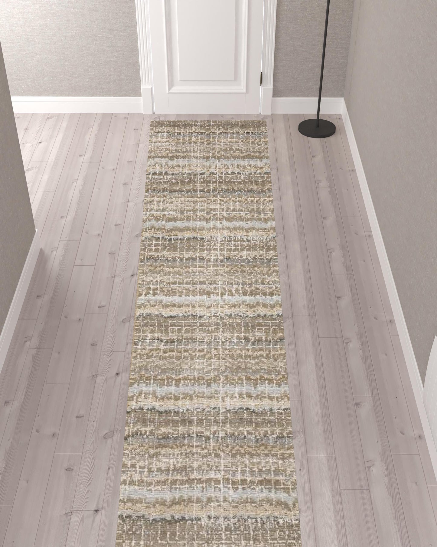 2' X 10' Ivory Grey Tan And Brown Abstract Power Loom Stain Resistant Runner Rug