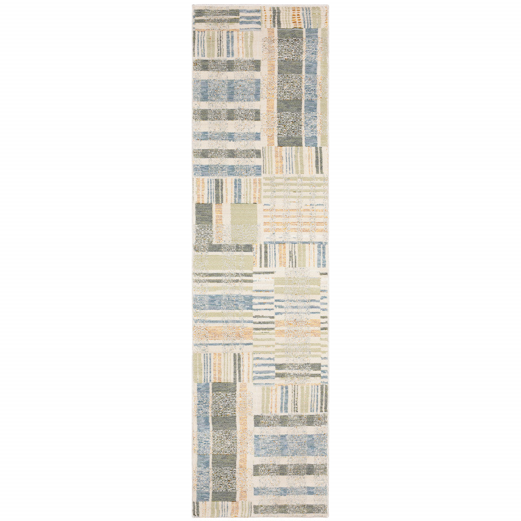 2' X 8' Green Grey And Ivory Geometric Power Loom Stain Resistant Runner Rug