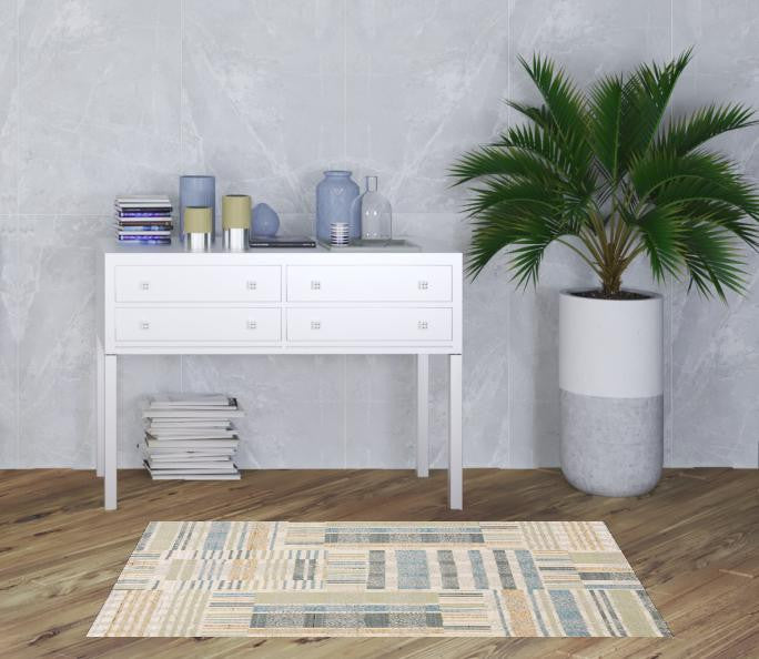 3' X 5' Green Grey And Ivory Geometric Power Loom Stain Resistant Area Rug
