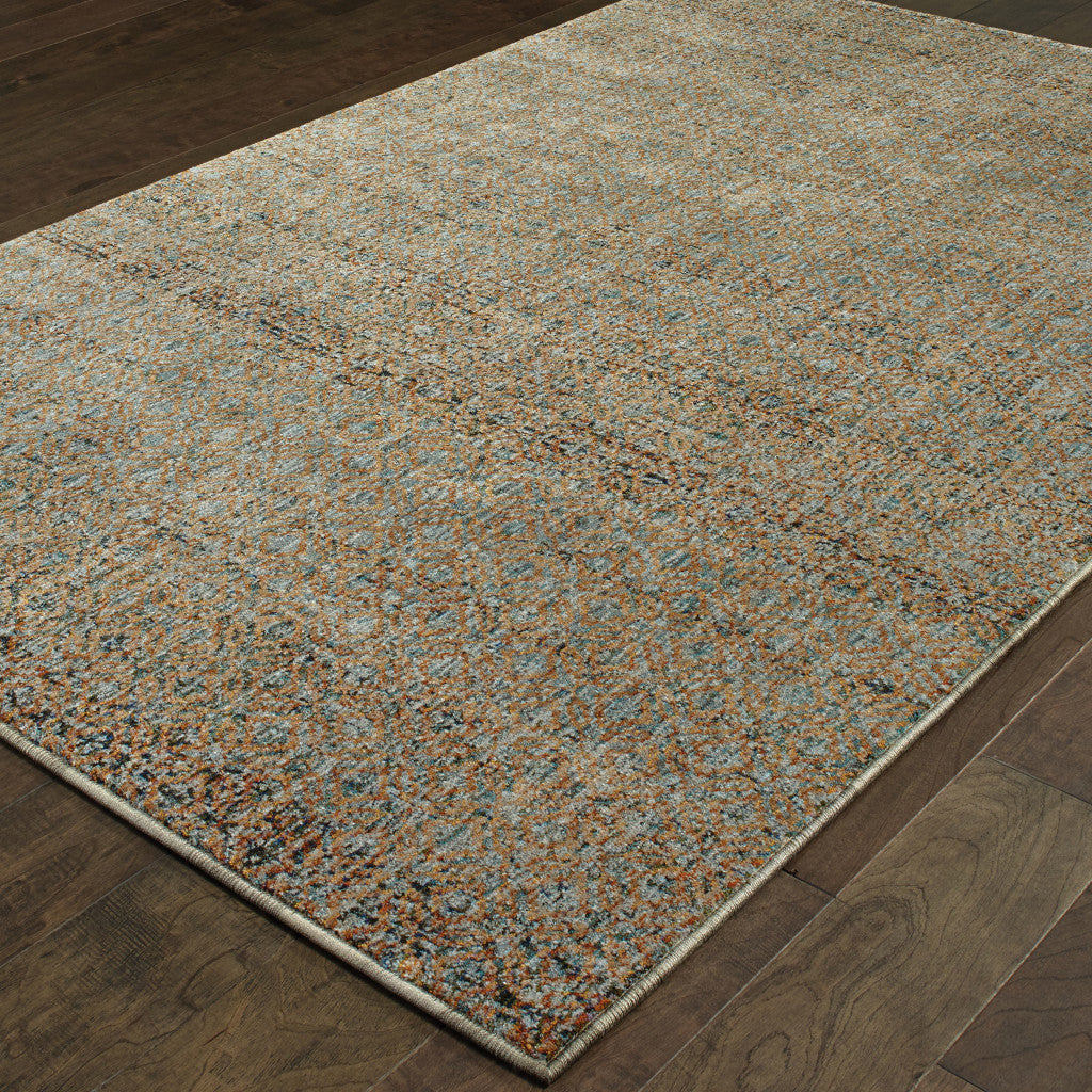 10' X 13' Silver Gold Rust And Blue Green Geometric Power Loom Stain Resistant Area Rug