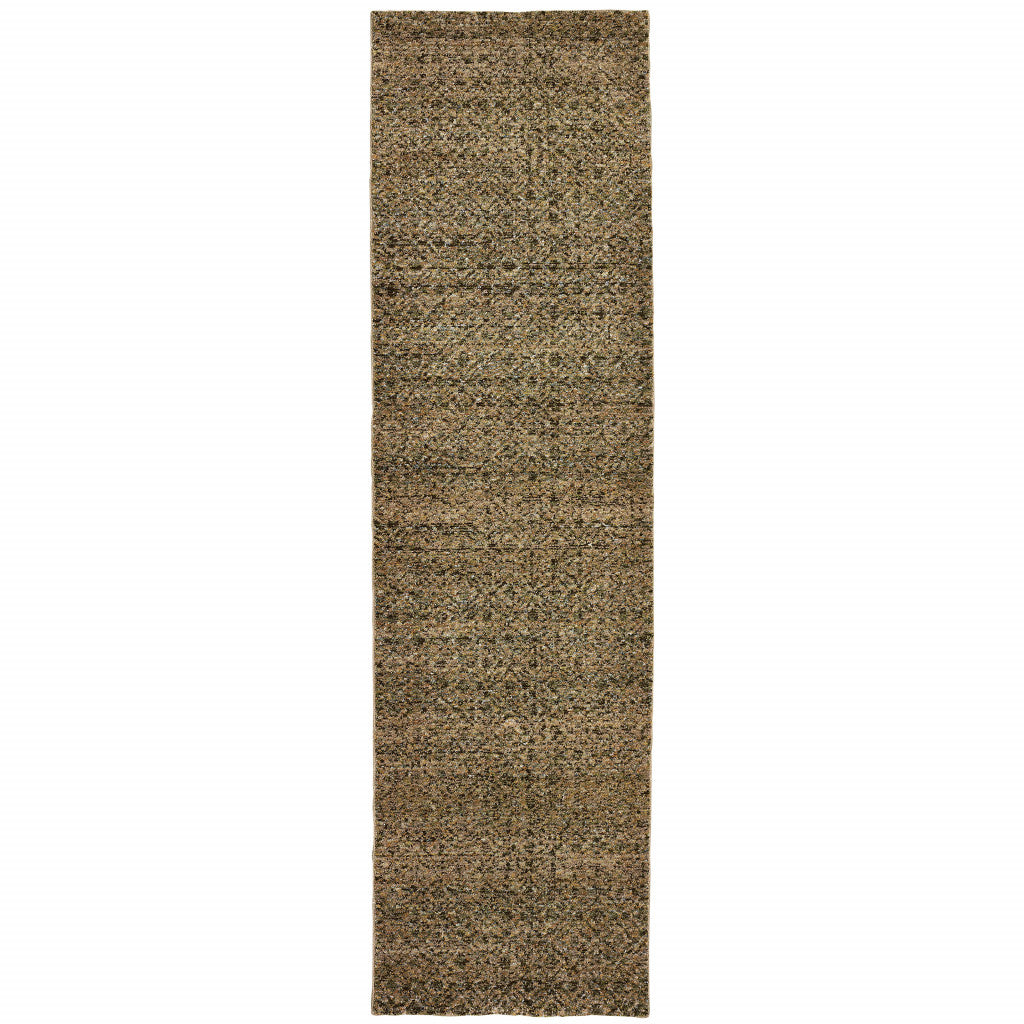 2' X 8' Brown Gold Rust Blue And Green Geometric Power Loom Stain Resistant Runner Rug