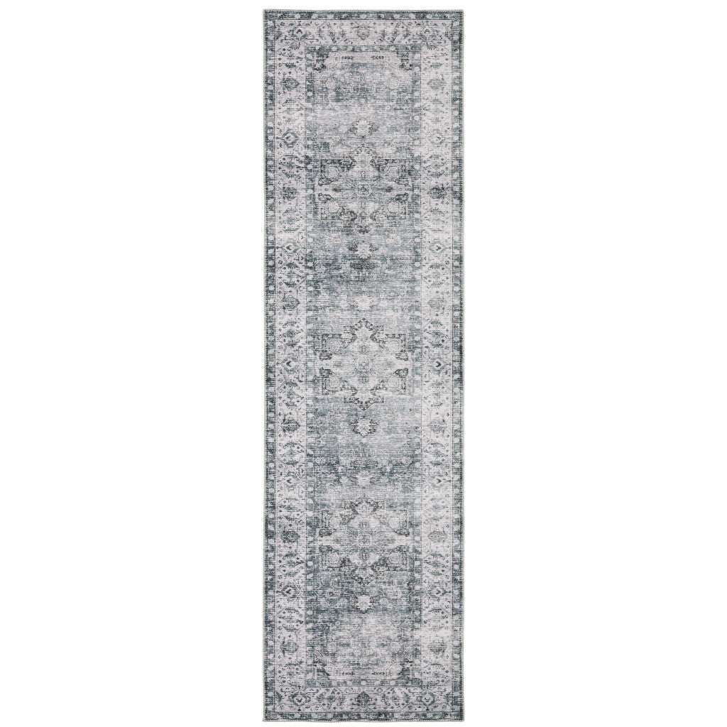 8' Gray And Ivory Oriental Printed Non Skid Runner Rug