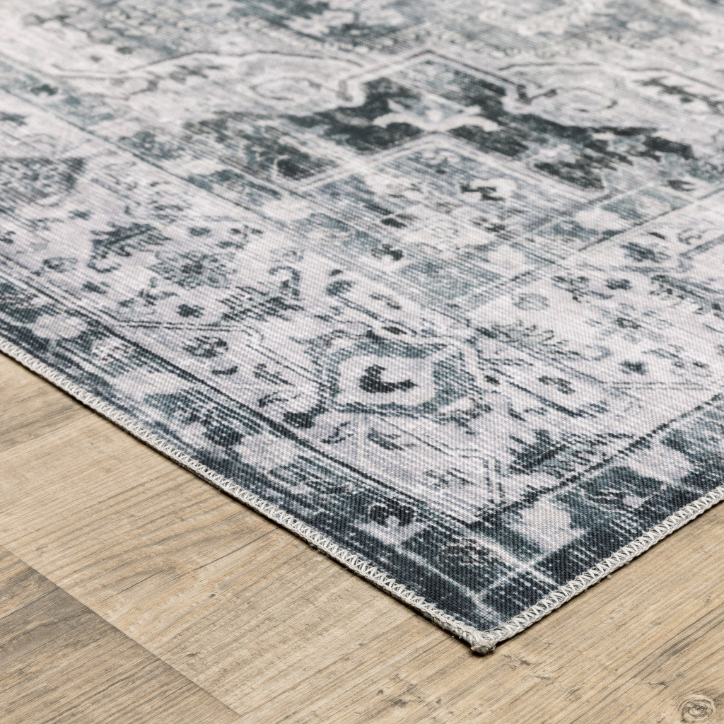 8' Gray And Ivory Oriental Printed Non Skid Runner Rug