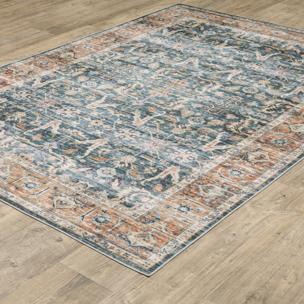 2' X 8' Blue Rust Gold And Olive Oriental Printed Stain Resistant Non Skid Runner Rug