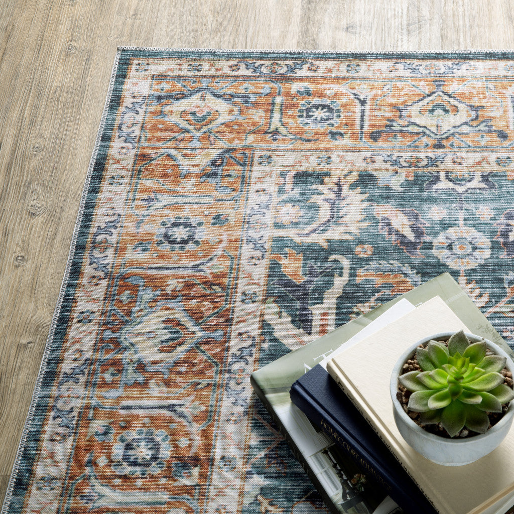 7' X 10' Blue Rust Gold And Olive Oriental Printed Stain Resistant Non Skid Area Rug
