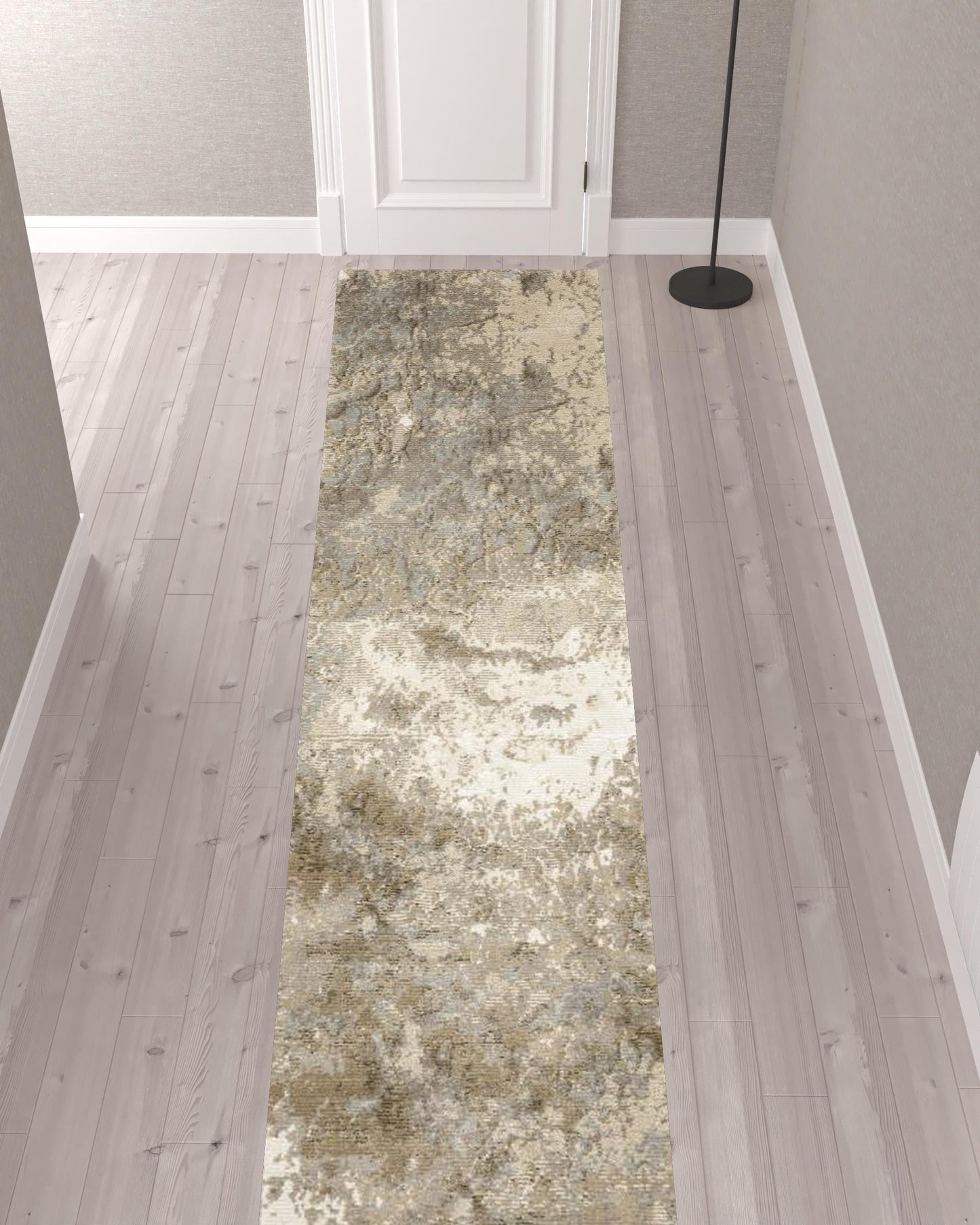 12' Grey Beige And Ivory Abstract Power Loom Runner Rug
