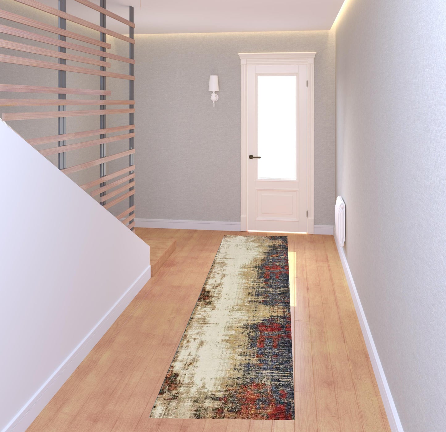 2' X 8' Beige Tan Brown Blue Purple Red Orange Gold And Green Abstract Power Loom Stain Resistant Runner Rug